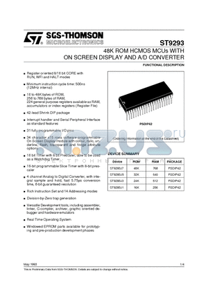 ST9293 datasheet - 48K ROM HCMOS MCUs WITH ON SCREEN DISPLAY AND A/D CONVERTER