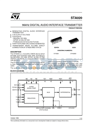 STA020D datasheet - 96kHz DIGITAL AUDIO INTERFACE TRANSMITTER