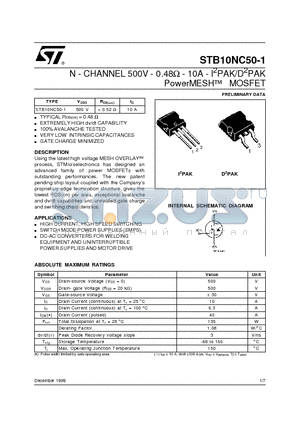 STB10NC50-1 datasheet - N - CHANNEL 500V - 0.48ohm - 10A - I2PAK/D2PAK PowerMESH] MOSFET