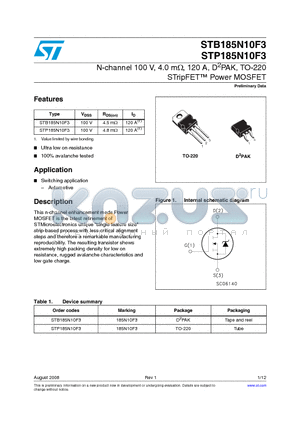 STB185N10F3 datasheet - N-channel 100 V, 4.0 mY, 120 A, D2PAK, TO-220 STripFET Power MOSFET