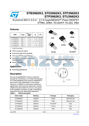 STB3N62K3 datasheet - N-channel 620 V, 2.2 Y , 2.7 A SuperMESH3 Power MOSFET D2PAK, DPAK, TO-220FP, TO-220, IPAK