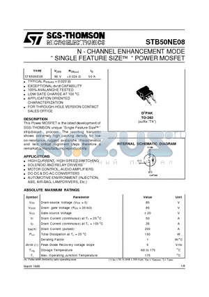 STB50NE08 datasheet - N - CHANNEL ENHANCEMENT MODE  SINGLE FEATURE SIZE  POWER MOSFET