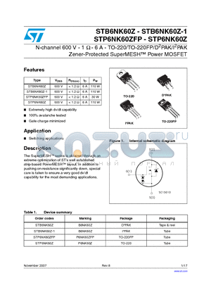 STB6NK60Z-1 datasheet - N-channel 600 V - 1 Y - 6 A - TO-220/TO-220FP/D2PAK/I2PAK Zener-Protected SuperMESH Power MOSFET