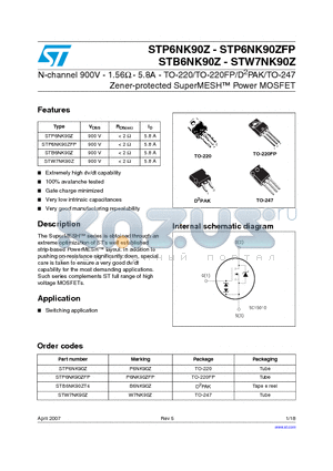 STB6NK90Z datasheet - N-channel 900V - 1.56Y - 5.8A - TO-220/TO-220FP/D2PAK/TO-247 Zener-protected SuperMESH Power MOSFET