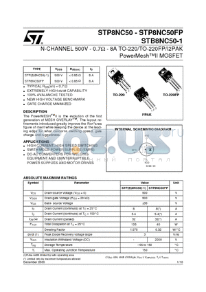 STB8NC50 datasheet - N-CHANNEL 500V - 0.7ohm - 8A TO-220/TO-220FP/I2PAK PowerMeshII MOSFET