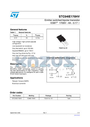 STC04IE170HV datasheet - Emitter switched bipolar transistor ESBT^ 1700V - 4A - 0.17 W