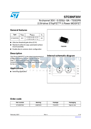 STC6NF30V datasheet - N-channel 30V - 0.020ohm - 6A - TSSOP8 2.5V-drive STripFE TM II Power MOSFET