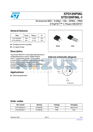 STD12NF06L_07 datasheet - N-channel 60V - 0.08 - 12A - DPAK - IPAK STripFET II Power MOSFET