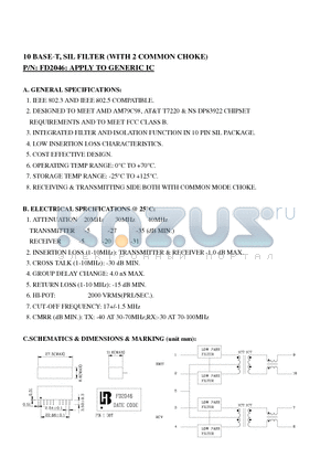 FD2046 datasheet - 10 BASE-T, SIL FILTER (WITH 2 COMMON CHOKE)