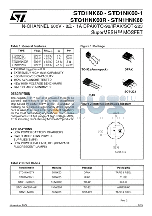 STD1NK60-1 datasheet - N-CHANNEL 600V - 8-ohm - 1A DPAK/TO-92/IPAK/SOT-223 SuperMESH-TM MOSFET