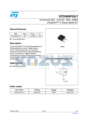 STD30NF03LTT4 datasheet - N-channel 30V - 0.017ohm - 30A - DPAK STripFET TM II Power MOSFET