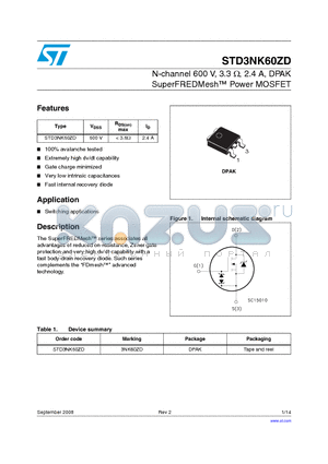 STD3NK60ZD datasheet - N-channel 600 V, 3.3 Y, 2.4 A, DPAK SuperFREDMesh Power MOSFET