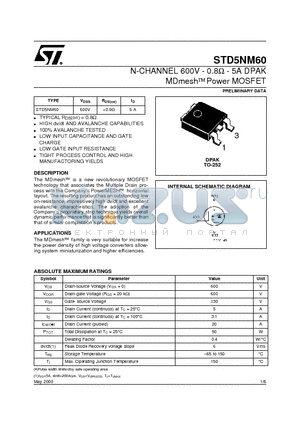 STD5NM60 datasheet - N-CHANNEL 600V - 0.8ohm - 5A DPAK MDmesh Power MOSFET