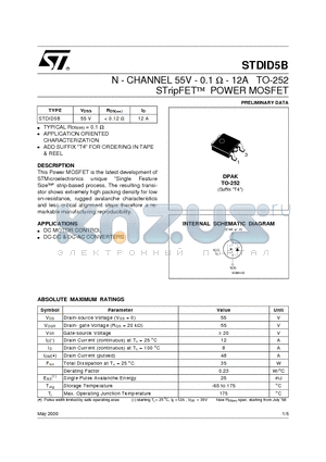 STDID5B datasheet - N - CHANNEL 55V - 0.1 ohm - 12A TO-252 STripFET  POWER MOSFET