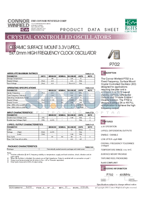 P702-400M datasheet - CERAMIC SURFACE MOUNT 3.3V LVPECL 5x7.0mm HIGH FREQUENCY CLOCK OSCILLATOR