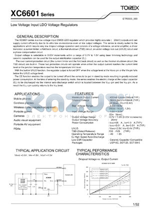 XC6601A09BER datasheet - Low Voltage Input LDO Voltage Regulators