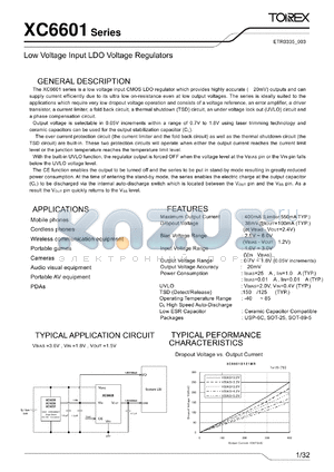 XC6601A151PR datasheet - Low Voltage Input LDO Voltage Regulators