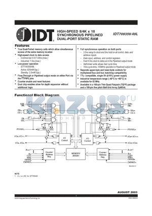 IDT709349L9PFI datasheet - HIGH-SPEED 8/4K x 18 SYNCHRONOUS PIPELINED DUAL-PORT STATIC RAM