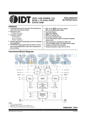 IDT70P257 datasheet - VERY LOW POWER 1.8V 8K/4K x 16 DUAL-PORT STATIC RAM