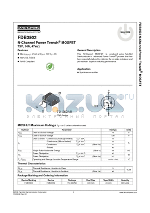 FDB3502 datasheet - N-Channel Power Trench^ MOSFET 75V, 14A, 47mY