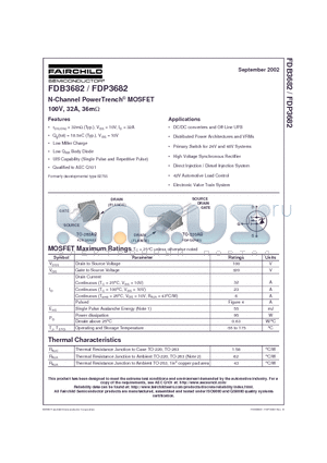 FDB3682 datasheet - N-Channel PowerTrench MOSFET 100V, 32A, 36m