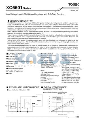 XC6601A18BPR datasheet - Low Voltage Input LDO Voltage Regulator with Soft-Start Function