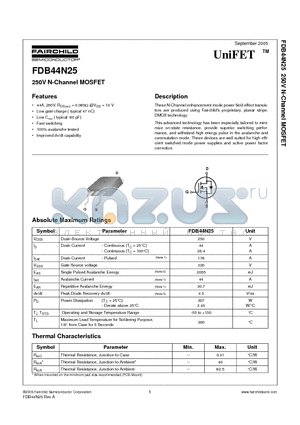 FDB44N25TM datasheet - 250V N-Channel MOSFET