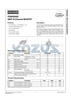 FDB52N20TM datasheet - 200V N-Channel MOSFET