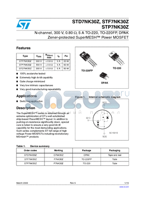 STF7NK30Z datasheet - N-channel, 300 V, 0.80 Y, 5 A TO-220, TO-220FP, DPAK Zener-protected SuperMESH Power MOSFET
