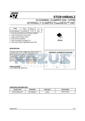 STGB10NB40LZT4 datasheet - N-CHANNEL CLAMPED 20A - D2PAK INTERNALLY CLAMPED PowerMESH IGBT