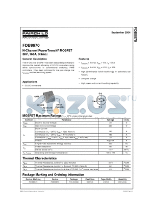 FDB8870 datasheet - N-Channel PowerTrench MOSFET 30V, 160A, 3.9mW
