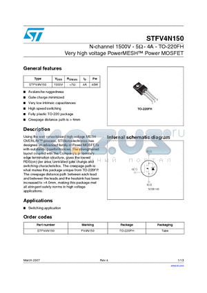 STFV4N150 datasheet - N-channel 1500V - 5Y - 4A - TO-220FH Very high voltage PowerMESH Power MOSFET