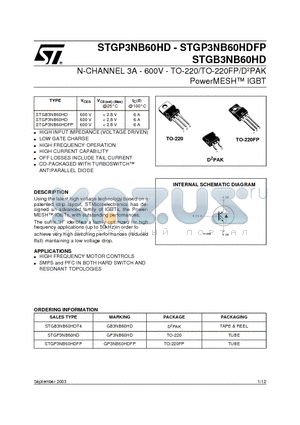 STGB3NB60HDT4 datasheet - N-CHANNEL 3A - 600V - TO-220/TO-220FP/D2PAK PowerMESH TM IGBT