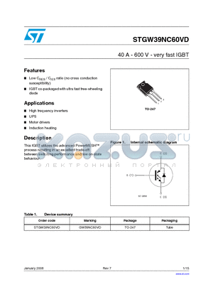 STGW39NC60VD_08 datasheet - 40 A - 600 V - very fast IGBT