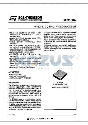 STI3500A datasheet - MPEG-2/CCIR 601 VIDEO DECODER