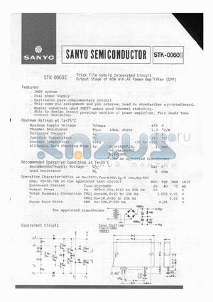 STK-0060II datasheet - Thick Film Hybrid Integrated Circuit Output Stage of 60W min AF Power Amplifier