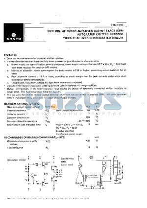 STK-1050 datasheet - 50W min AF Power Amplifier  Output  Stage Integrated Emitter Resistor Thick Film Hybrid Integrated Circuit