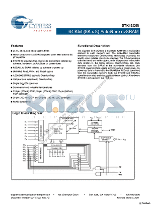 STK12C68-C35 datasheet - 64 Kbit (8K x 8) AutoStore nvSRAM 25 ns, 35 ns, and 45 ns access times