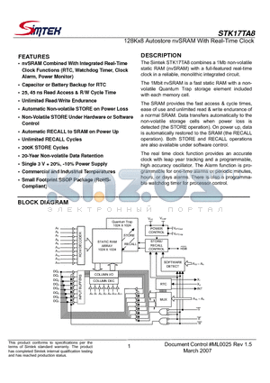 STK17TA8-RF45I datasheet - 128Kx8 Autostore nvSRAM With Real-Time Clock