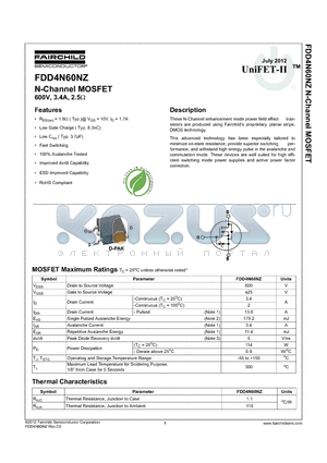 FDD4N60NZ_12 datasheet - N-Channel MOSFET 600V, 3.4A, 2.5