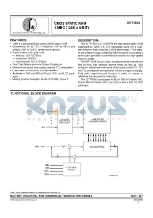 IDT71024S12Y datasheet - CMOS STATIC RAM 1 MEG (128K x 8-BIT)