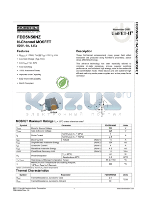 FDD5N50NZTM datasheet - N-Channel MOSFET 500V, 4A, 1.5