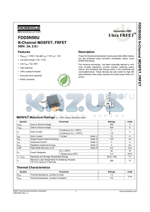 FDD5N50U datasheet - N-Channel MOSFET, FRFET 500V, 3A, 2.0Y