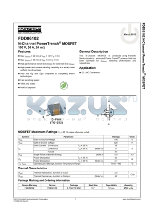 FDD86102 datasheet - N-Channel PowerTrench^ MOSFET 100 V, 36 A, 24 mY