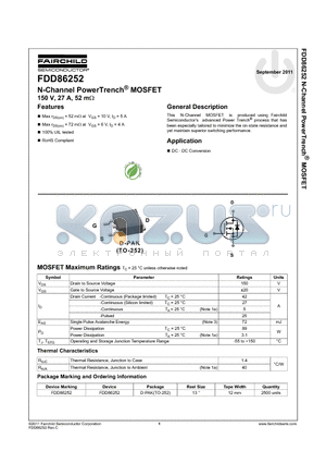 FDD86252 datasheet - N-Channel PowerTrench^ MOSFET 150 V, 27 A, 52 m