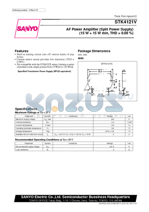 STK4121V datasheet - AF Power Amplifier (Split Power Supply) (15 W  15 W min, THD = 0.08 %)