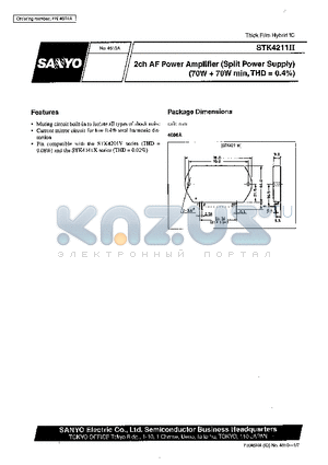 STK4211 datasheet - 2ch AF Power Amplifier (Split Power Supply) (70W  70W min, THD = 0.4%)