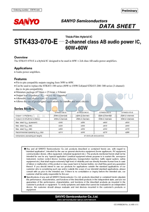 STK433-070-E datasheet - Thick-Film Hybrid IC 2-channel class AB audio power IC, 60W60W