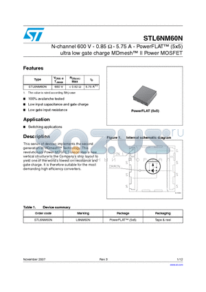 STL6NM60N datasheet - N-channel 600 V - 0.85 Y - 5.75 A - PowerFLAT (5x5) ultra low gate charge MDmesh II Power MOSFET