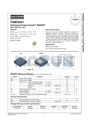 FDMC8651 datasheet - N-Channel Power Trench^ MOSFET 30 V, 20 A, 6.1 mY